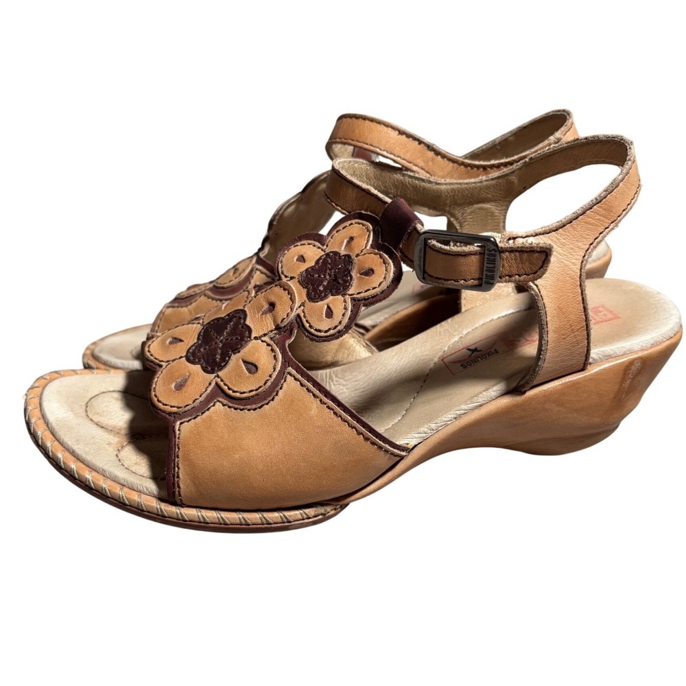 Pikolinos 5.5/6 Tan Leather Floral Applique Wedge Sandals‎ Made Spain Festival